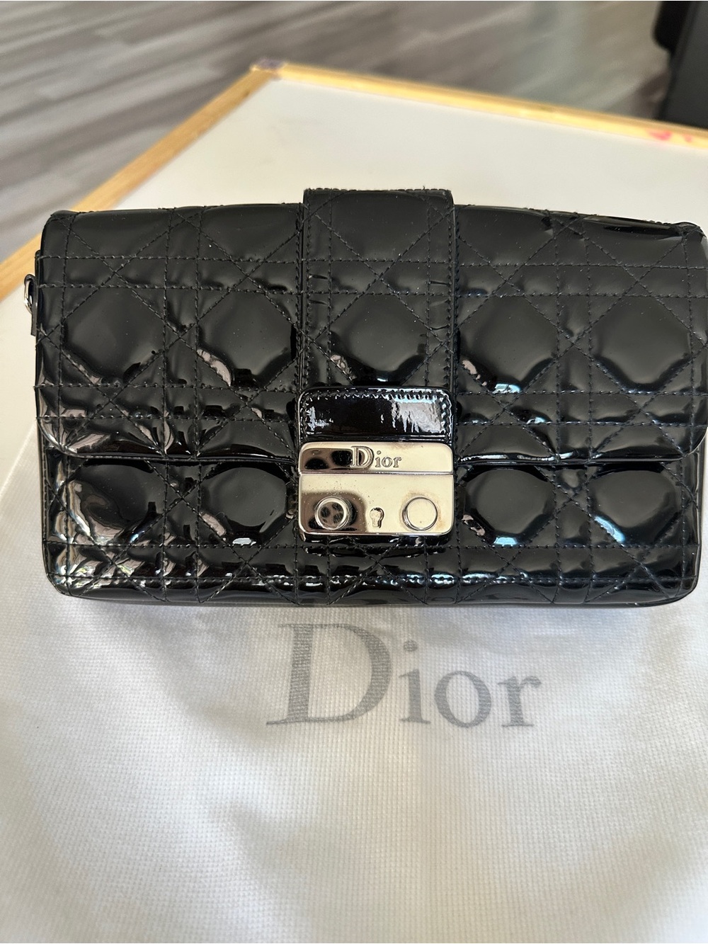 Dior Black Patent Quilted Crossbody with Silver Chain - Picture 3 of 9